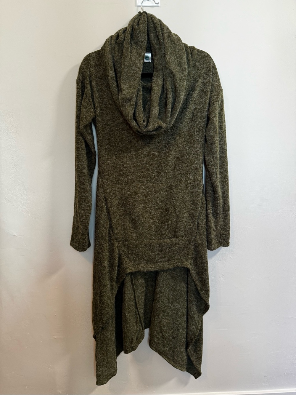 Harem Pants brand Ultra Long Hooded Sweater in Green with front pocket